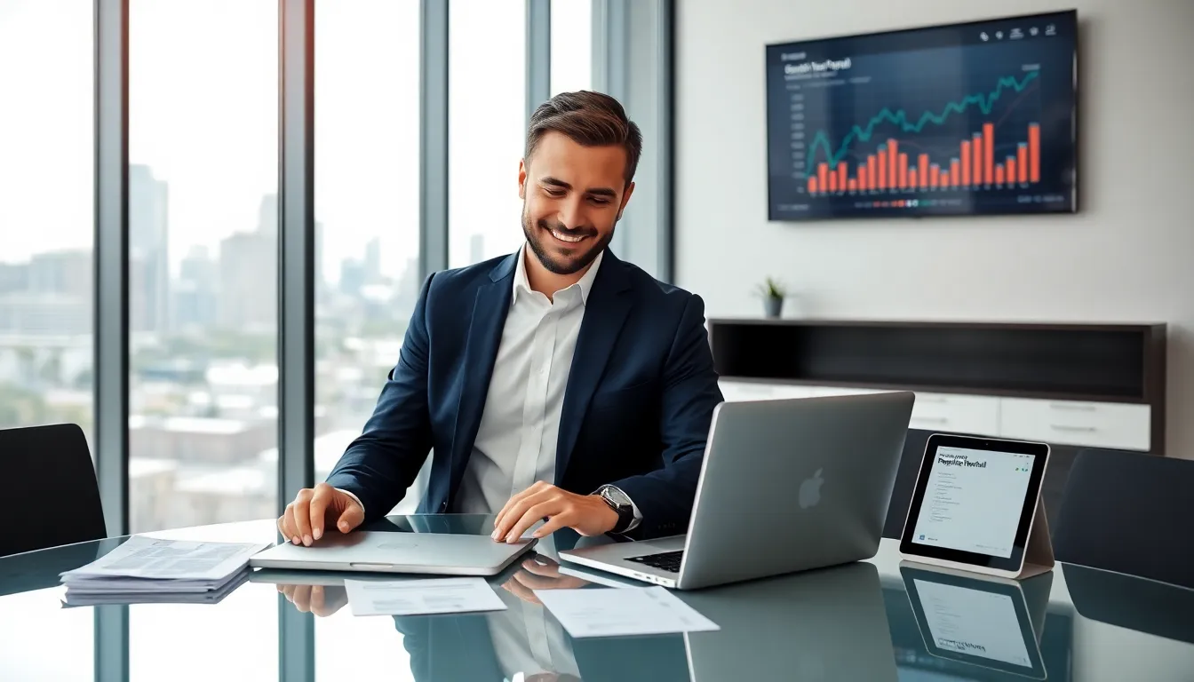 payroll expert reviews digital payroll reports in a modern brisbane office